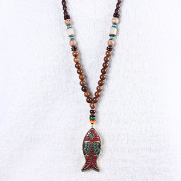 Handmade Unisex Mala Wood Beads Fish Necklace - Fashion Jewelry - Picture 10 of 11